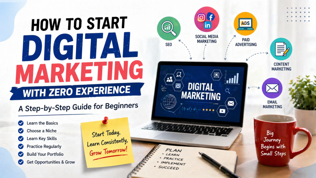 A modern digital marketing infographic showing a laptop on a desk with icons for SEO, social media marketing, paid advertising, content marketing, and email marketing connected around it. The design includes a checklist for beginners, a notebook with a plan, and motivational elements like a sticky note and coffee mug, representing learning digital marketing step-by-step with zero experience.