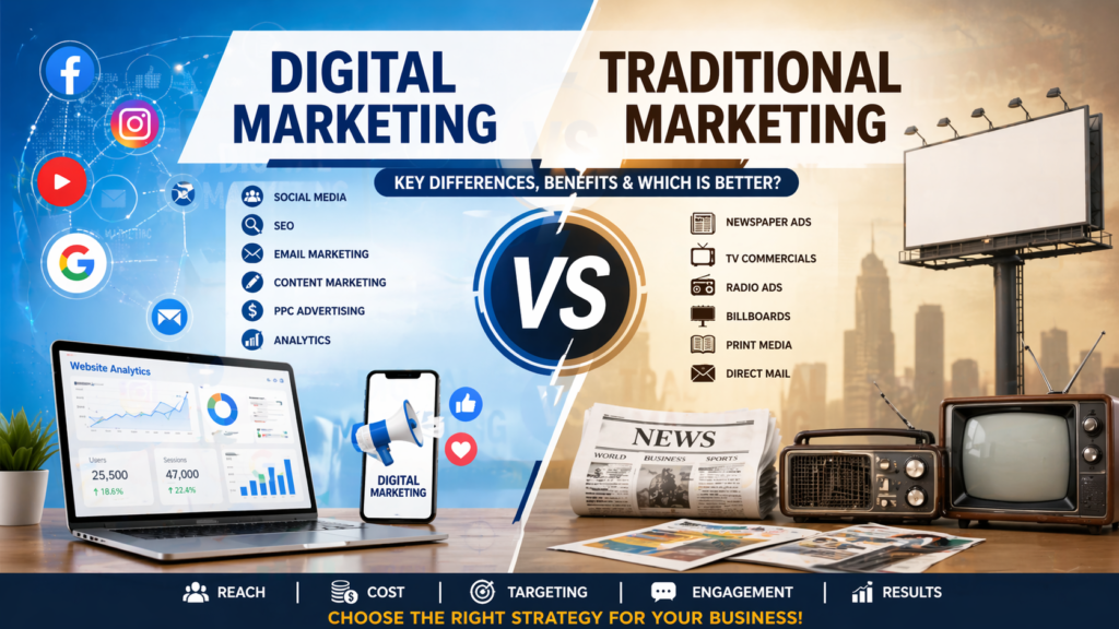A side-by-side comparison infographic of digital marketing and traditional marketing, showing a laptop, smartphone, and social media icons on one side, and a billboard, newspaper, and vintage TV on the other, highlighting differences in reach, cost, targeting, engagement, and results.