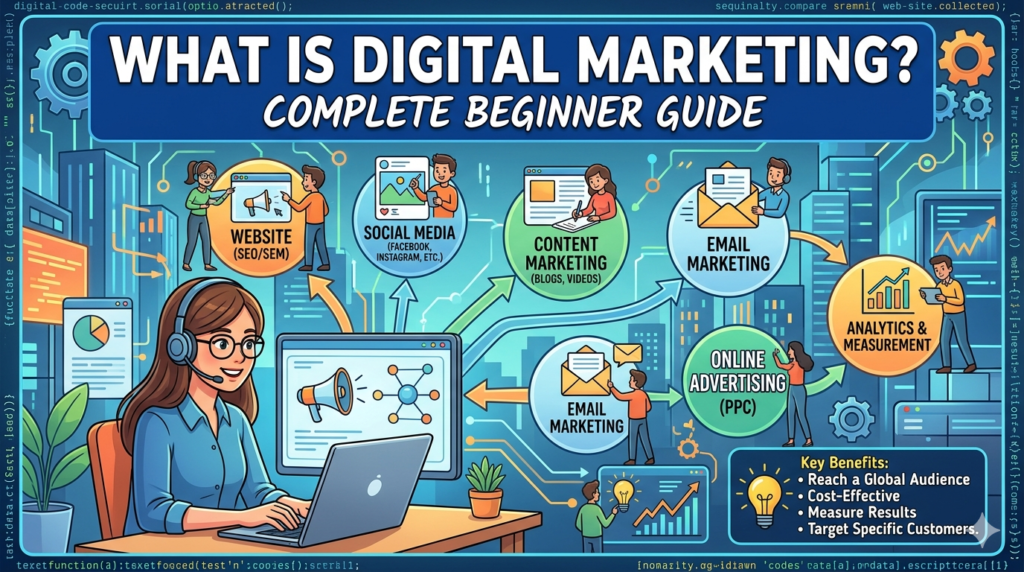 Here is **alternative text (alt text)** for your image 👇  ---  **Alt Text:**
A digital marketing infographic showing a person working on a laptop with icons representing SEO, social media, PPC advertising, and email marketing. The image includes platforms like Google, Instagram, and YouTube, along with charts, target symbols, and a world map background to represent global online marketing.
