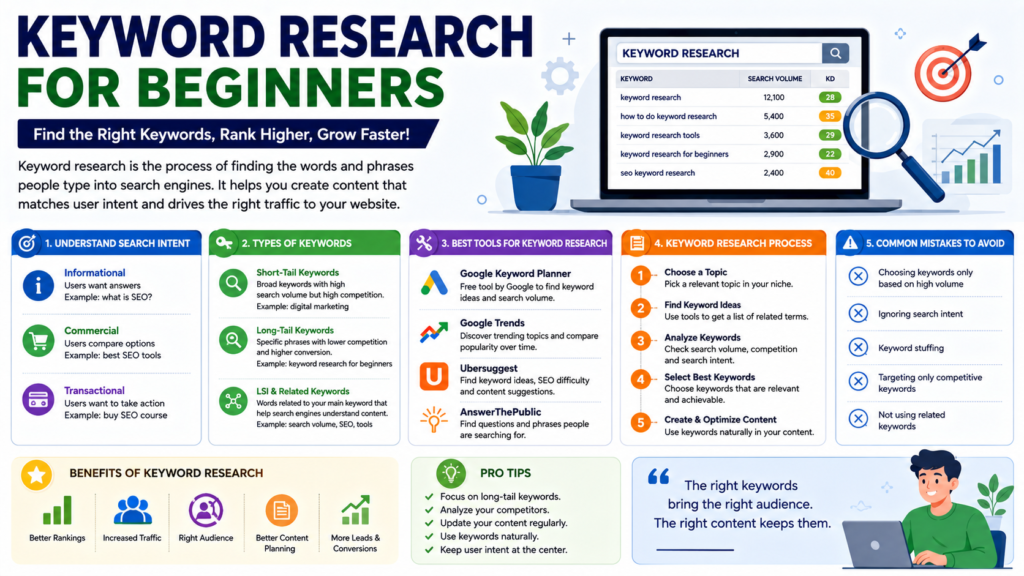 Keyword research for beginners infographic showing search intent, keyword types, SEO tools, keyword research process, common mistakes, and strategies to improve website rankings and organic traffic.